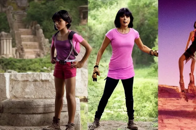 Image similar to Isabela Merced as Dora the Explorer wearing a pink shirt vs Angelina Jolie as Lara Croft wearing a white shirt standing in an ancient temple, high resolution movie still, film by Simon West