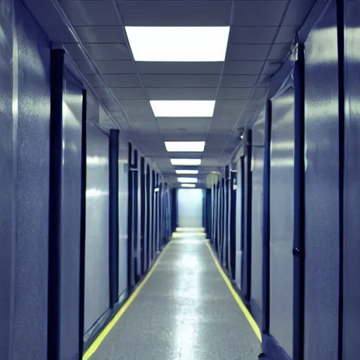 Prompt: underground lab hallways, dark blue and black, unknown location, clean, dry wall, shiny black floors, branching hallways, cinematic