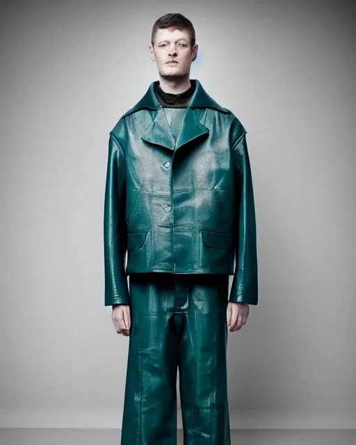 Prompt: an award - winning photo of a teal cropped extremely baggy ancient medieval designer menswear leather jacket with an oversized collar and bootcut trousers designed by alexander mcqueen, 4 k, studio lighting, wide angle lens