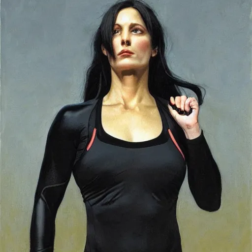 Prompt: athletic woman with black hair, dressed all in black, by donato giancola, alex ross, and berthold woltze.