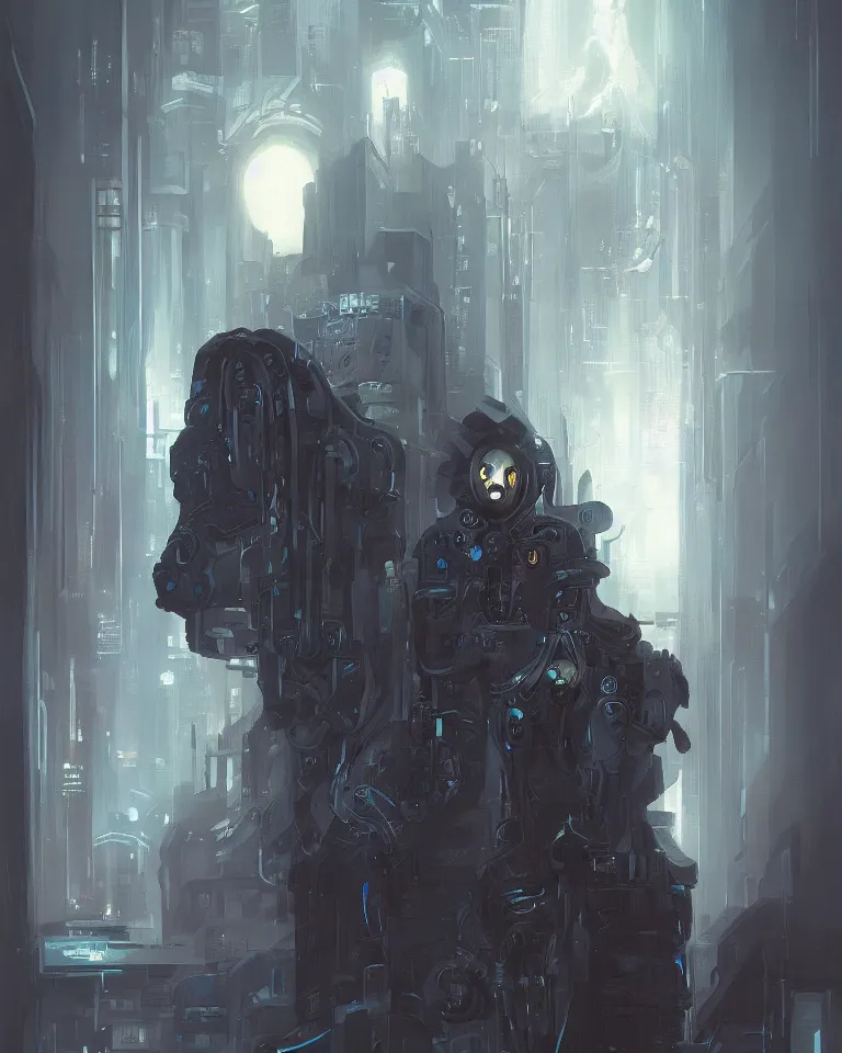 Image similar to a haunting ominous painting of a horrifying but beautiful cybernetic ghost in the style of brom, cyberpunk, artstation