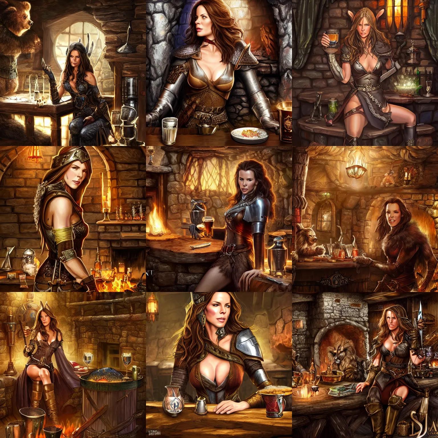 Prompt: kate beckinsale weared in elven armor splintmail, sit in fantasy tavern near fireplace, behind bar deck with bear mugs, medieval dnd, colorfull digital fantasy art, 4k