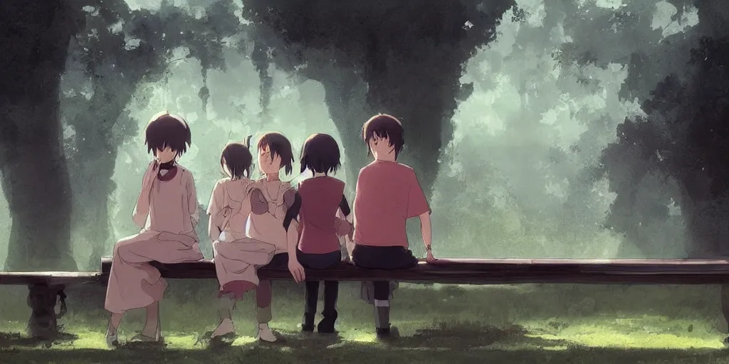 Prompt: a family with sorrow faces sitting on a bench, close up shot, anime art, Greg Rutkowski, studio ghibli, dramatic lighting