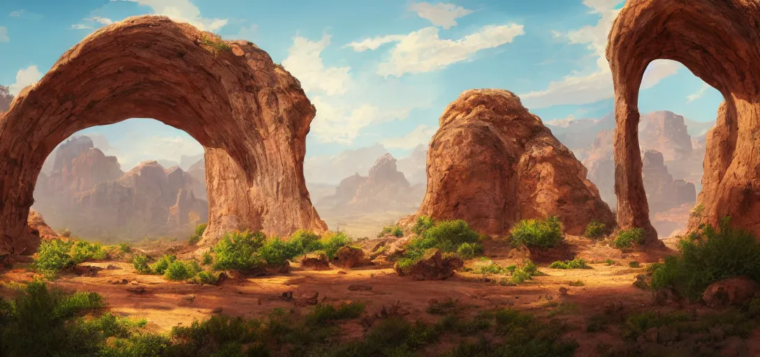 Image similar to beautiful utah desert, rock arcs, lush vegetation, landscape, alex ross, eddie mendoza, raphael lacoste, sebastian ludke, concept art, matte painting, highly detailed, rule of thirds, dynamic lighting, cinematic, detailed, magnificiant landscape, denoised, centerd