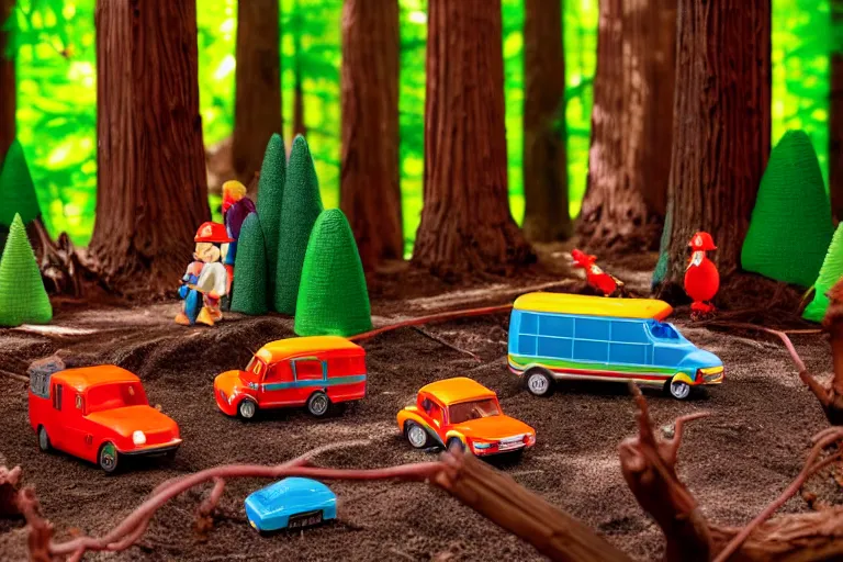 Image similar to fisher price redwood forest, california scene from tv show hyper detailed 5 5 mm 8 5 mm, toy photography, made out of plastic