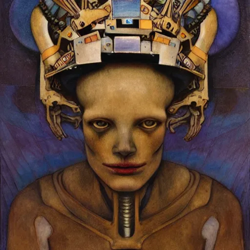 Image similar to the robot wearing the bone crown, by Annie Swynnerton and Diego Rivera, symbolist, dramatic lighting, elaborate geometric ornament, Art Brut ,god rays, soft cool colors,smooth, sharp focus, extremely detailed, Evelyn De Morgan