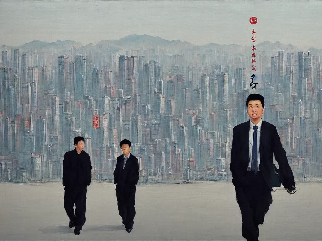 Image similar to ‘The Center of the World’ (Liu Xiaodong style painting) was filmed in Beijing in April 2013 depicting a white collar office worker. A man in his early thirties – the first single-child-generation in China. Representing a new image of an idealized urban successful booming China.