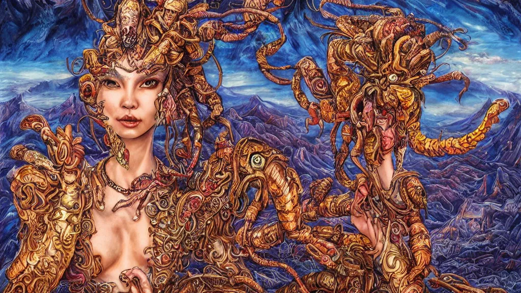 Image similar to portrait of a scorpion goddess, full body shot, rule of thirds, wide angle, amazing landscape in background, fantasy, whimsical, horror, art by chengwei pan and josephine wall and amanda sage, intricately detailed, highly detailed, luxurious, elegant, clean, unsettling, trending on artstation