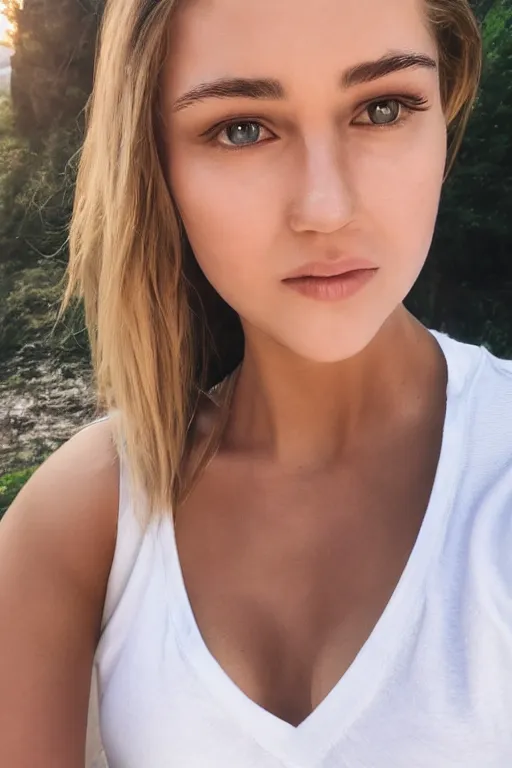 Image similar to 2 4 year old female model, wearing white v - neck top, zoomed in, photo realistic, extreme detail skin, no filter, slr, golden hour, 4 k, high definition, selfie