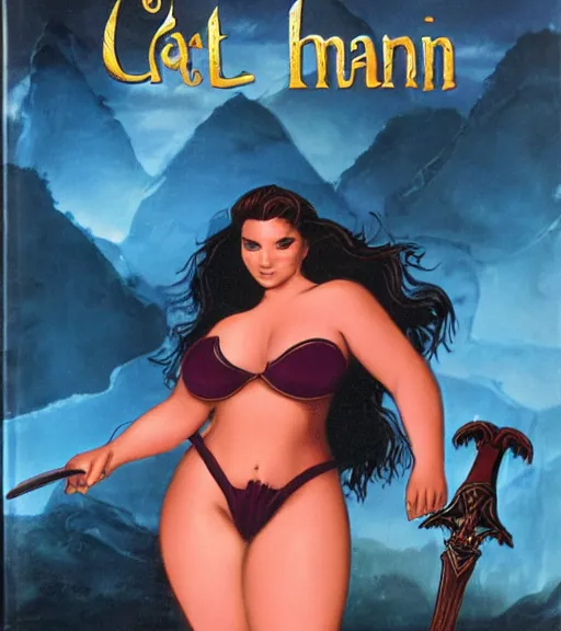 Prompt: 1 9 8 0 s fantasy novel book cover, plus size amazonian ariel winter in extremely tight bikini armor wielding a cartoonishly large sword, exaggerated body features, dark and smoky background, low quality print