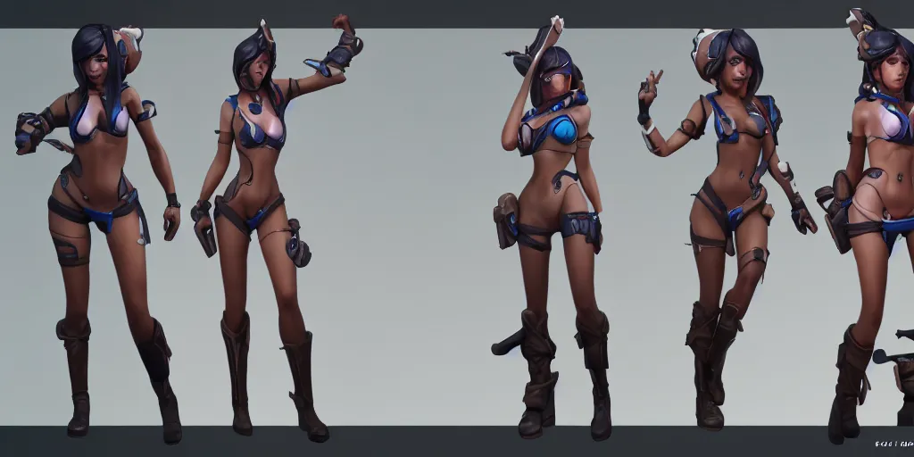 Image similar to rendered character sheet of Pool party Caitlyn in the game League of Legends, unreal engine 53d trending on art station