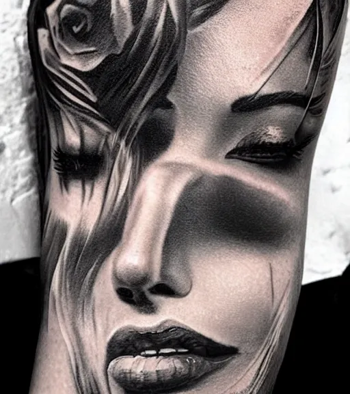 Prompt: a beautiful woman face next to mighty mountains, tattoo design sketch, amazing blend effect, hyper - realistic, in the style of matteo pasqualin, amazing detail, black and white