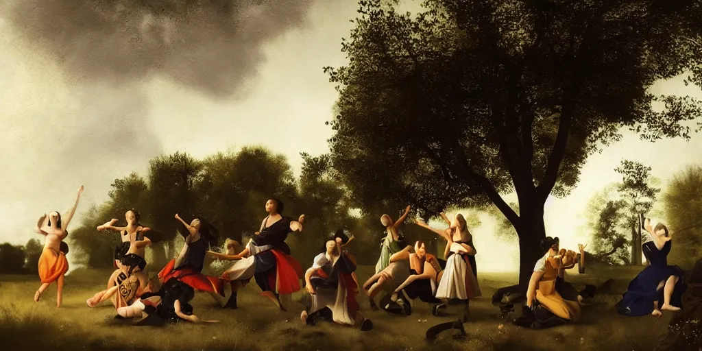 Prompt: a hyperrealistic render of dancers around a tree with ribbons, outdoor, art by Johannes Vermeer and Rembrandt and Caravaggio and Gian Lorenzo Bernini, baroque, hearthstone art style, epic fantasty card game art, Beautiful dynamic dramatic moody lighting, shadows, cinematic, Octane, 8K