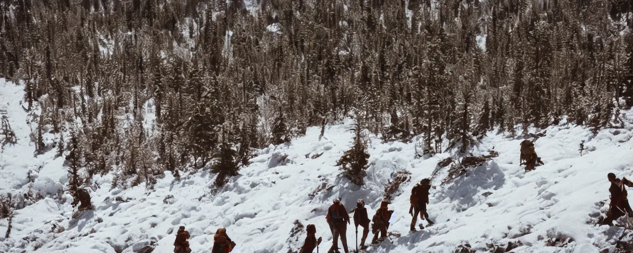 Prompt: people hiking over a hill made up of spaghetti on top of a frozen mountain, canon 5 0 mm, cinematic lighting, photography, retro, film, kodachrome