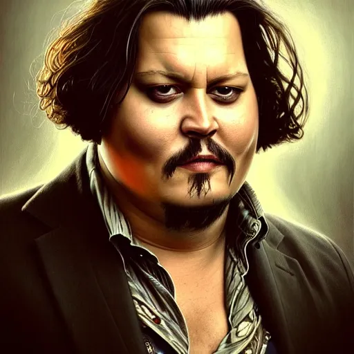 Image similar to wideangle!! portrait shot of fat johnny depp, intricate, elegant, highly detailed, centered, digital painting, artstation, concept art, smooth, sharp focus, illustration, artgerm, tomasz alen kopera, peter mohrbacher, donato giancola, joseph christian leyendecker, wlop, boris vallejo