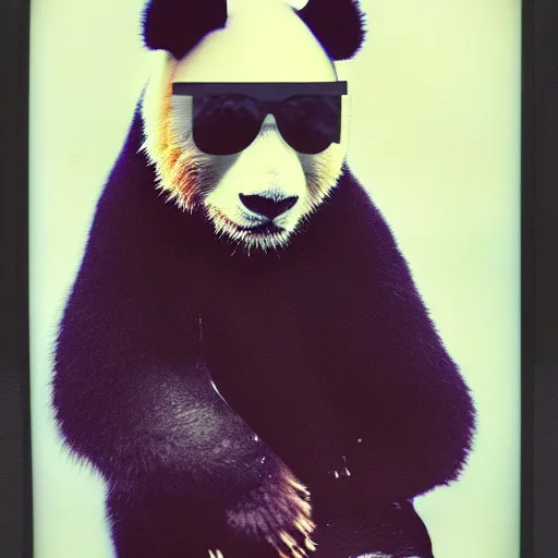 Image similar to gltch art, grainy head to shoulder portrait polaroid film photograph of a panda in a mall wearing aviator shades. super resolution. surreal. extremely detailed. polaroid 6 0 0 film. by annie leibovitz and richard avedon