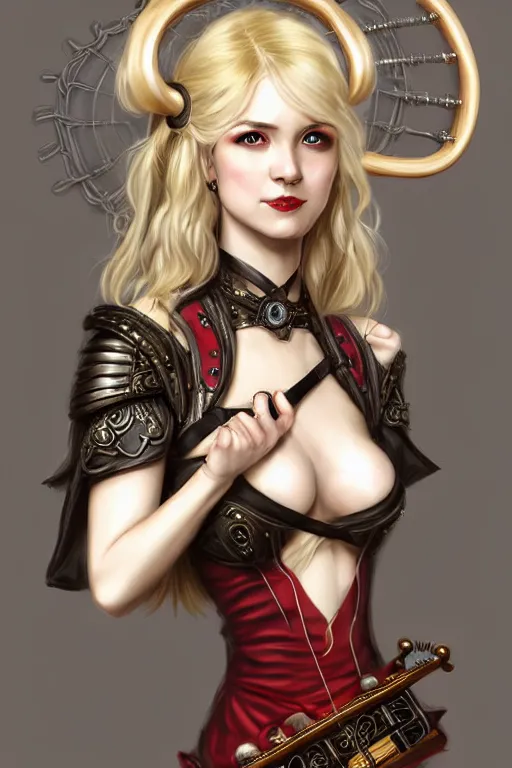 Prompt: Portrait of seductive female bard, D&D, revealing stylish dress like leather armor, holding a hurdy gurdy, choker on neck, long blonde or red hair, mouth slightly open, slight nerdy smile, fantasy, intricate, elegant, highly detailed, digital painting, artstation, concept art, smooth, sharp focus, illustration, art by artgerm and greg rutkowski and alphonse mucha
