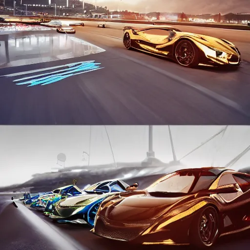 Image similar to car race: center composition, cars portraits, ground view, motherboard forms designed by zaha hadid, sci-fi futuristic ultra realistic photography, shot by Andrei Tarkovsky, keyshot render, octane render, unreal engine 5 lumen, high oiled liquid glossy specularity reflections, ultra detailed, golden hour, dramatic lighting 4k, 8k, 16k in the style ofblade runner 2049 Cyberpunk 2077 ghost in the shell thor 2 marvel film : tilt shift: sharp focus