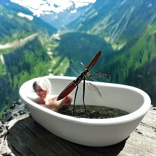 Image similar to dragonfly in a bathtub in the alps, libertine!! in background