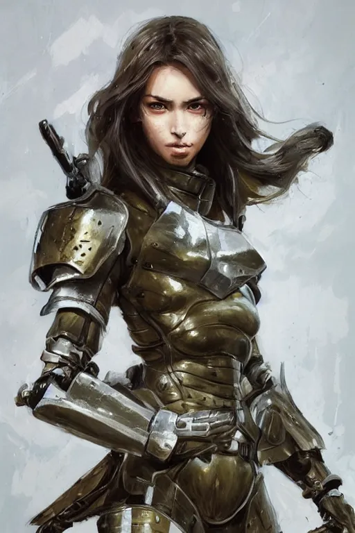 Image similar to a finely detailed painting of an attractive young woman, clothed in military-style battle armor, olive skin, long dark hair, beautiful bone structure, symmetrical facial features, intricate, elegant, digital painting, trending on Artstation, concept art, smooth, sharp focus, illustration, from Metal Gear by Ruan Jia and Mandy Jurgens and Artgerm and William-Adolphe Bouguerea, award winning