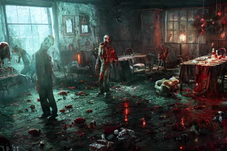 Prompt: the most amazing dream you ever had about zombies christmas dinner, hyper realistic, ambient lighting, concept art, intricate, hyper detailed, smooth, dynamic volumetric lighting, octane, cinematic