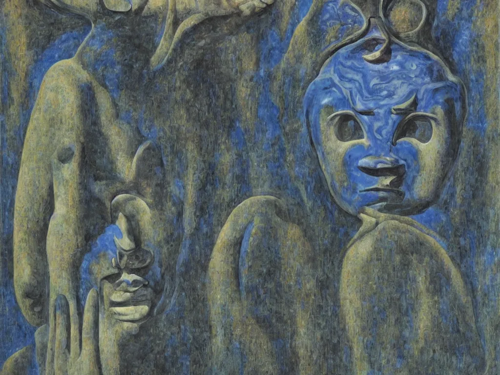 Image similar to African god mask, sculpture, giant, blue eyed, looking from the needle. Boulders of marbled rocks. Painting by Rene Magritte, Jean Delville, Max Ernst, Maria Sybilla Merian, Alfred Kubin