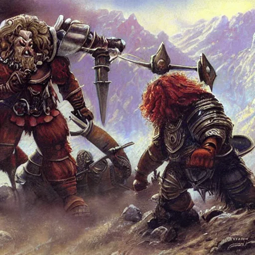 Prompt: Dwarven iron guard fighting a troll. lotr. Epic painting by james gurney.