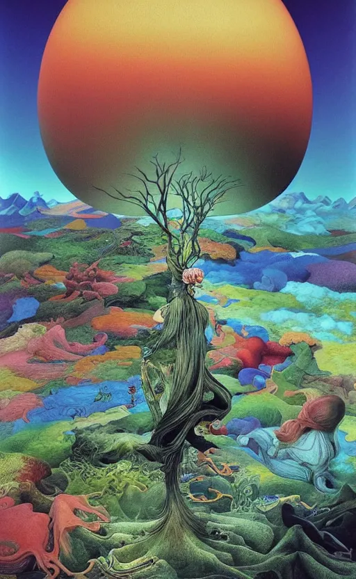 Image similar to ultrawide angle colour masterpiece surreal closeup portrait photography of the beatles by miho hirano and annie leibovitz and michael cheval, weird surreal epic psychedelic complex biomorphic 3 d fractal landscape in background by kilian eng and roger dean and salvador dali and beksinski, 8 k