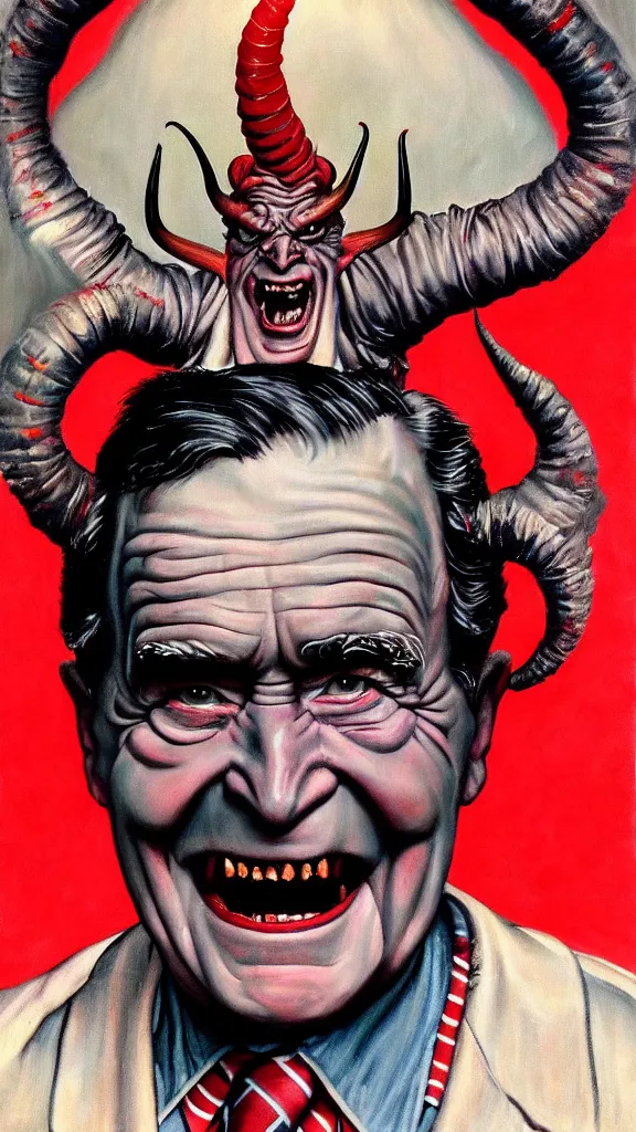 Image similar to demonic george hw bush with red horns, painting in the style of norman rockwell, 1 9 5 0 s, evil, satan, devil, demonic, demon, hyperrealistic, photorealistic, award - winning, 4 k, ultra hd, artstation, intricate, highly detailed, american, usa, dark, gritty
