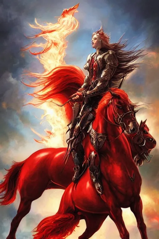 Image similar to the horseman of the apocalypse riding a red stallion, horse is up on it's hindlegs, the rider looks carries a large sword, flames, artwork by artgerm and rutkowski, breathtaking, dramatic