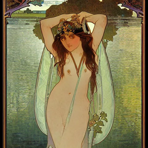Image similar to lady of the lake by alphonse mucha
