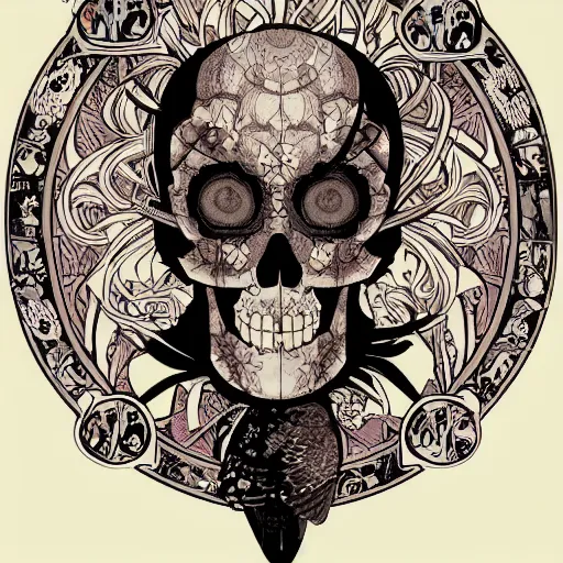 Image similar to anime manga skull portrait face skeleton with birds and nature illustration style by Alphonse Mucha and disney comic pop art nouveau