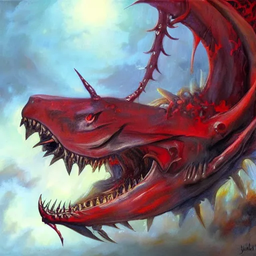 Image similar to detailed wide shot red gyrados in water shooting hyperbeam from fanged mouth angry intricate, hyper detailed, realistic, oil painting, by julie bell, frank frazetta, cinematic lighting