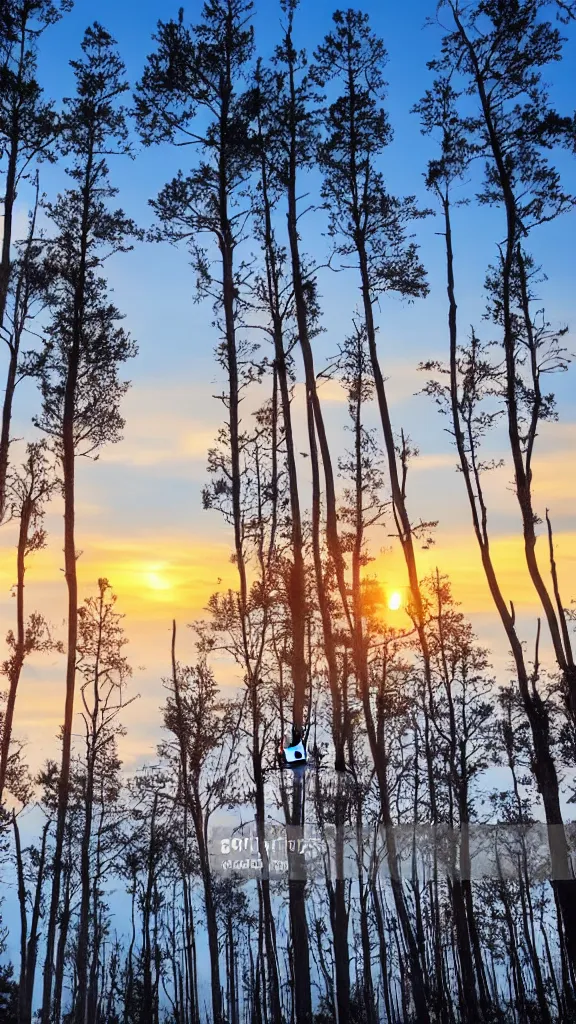 Image similar to beautiful sunset with tons of aligned trees, epic stock photo