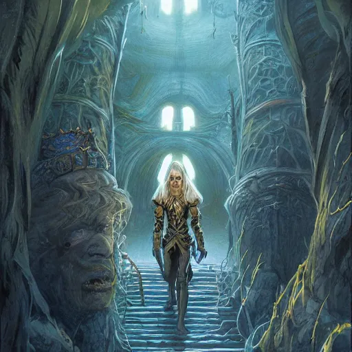 Prompt: halls of the goblin King, Darrell K Sweet, artstation, concept art, digital art