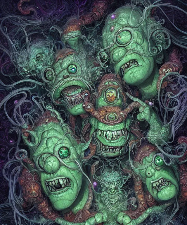 Image similar to a two headed xanathar made of bioluminescence in the art style of monsters inc, crisp 8 k line art, digital painting, artstation, unreal engine, octane render, emissive lighting, concept art, matte, sharp focus, hyper realistic lighting, illustration, art by junto ito and takato yamamoto and philippe druillet