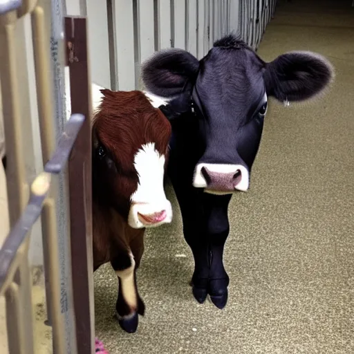 Image similar to cute calf with big eyes dressed as an inmate inside a jailcell