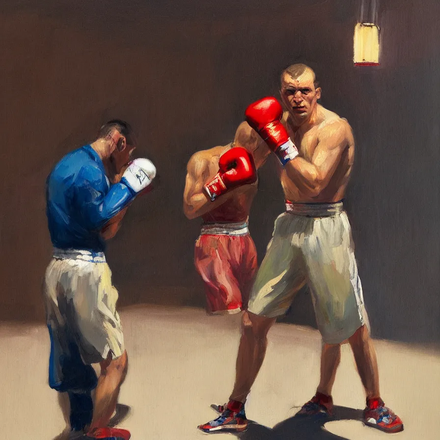 Image similar to a portrait of of boxing man, in the style of edward hopper, in the style of max ginsburg, realism, very small brushstrokes, cinematic lighting, moody, very aesthetic, boxing in an arena, big crowd in the back, flashing lights, 4 k,