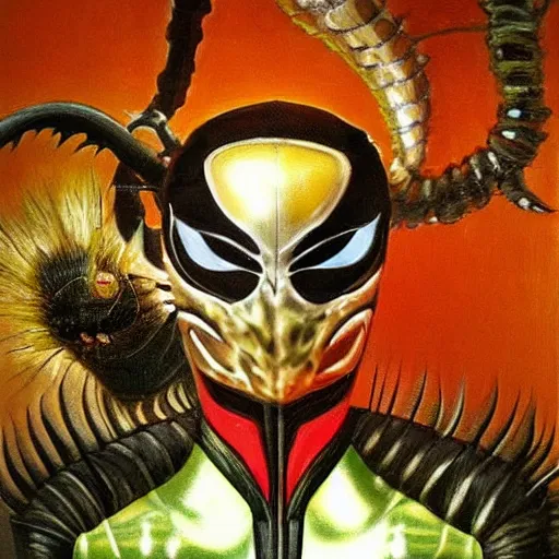 Image similar to a realistic painting by Raffaello Sanzi depicting the Kamen Rider Ichigo with the head of the symbiotic Venom in the Renaissance.