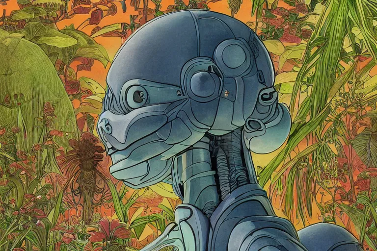 Prompt: gigantic robot - girl head floating in the space, a lot of exotic plants, trees, flowers, oldschool vintage sci - fi flat surreal grainy design, super - detailed, drawing by moebius, satoshi kon, craig gleason, hd, 4 k, high quality