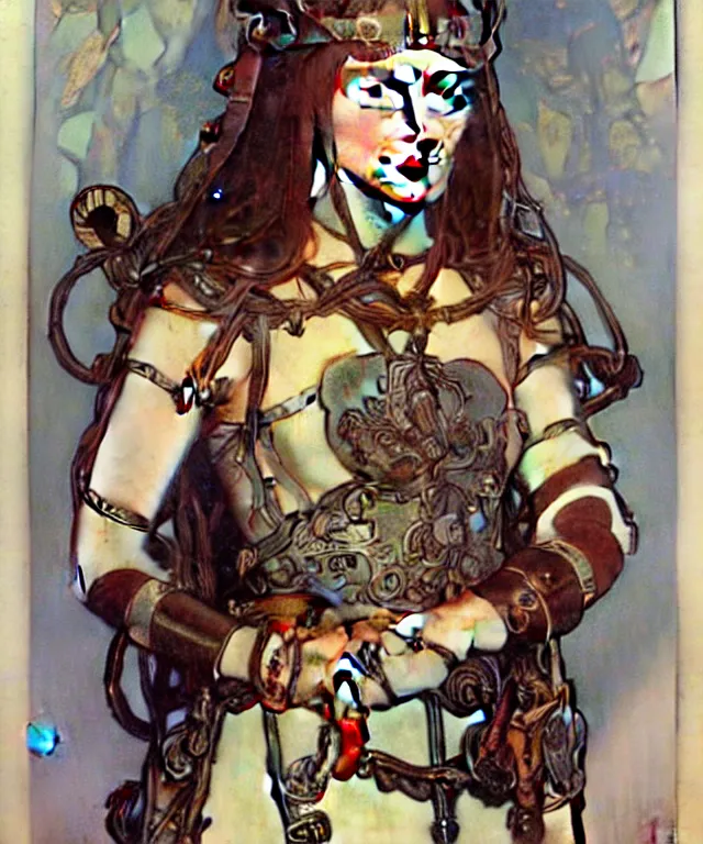 Prompt: realistic detailed face portrait of a adorable tender very younf kid girl viking in minimal alien cyberpunk armor by alphonse mucha, ayami kojima, amano, greg hildebrandt, and mark brooks, female, feminine, art nouveau, cyberpunk, neo - gothic, gothic, character concept design
