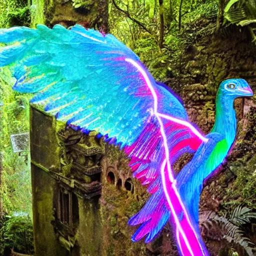 Image similar to glowing translucent quetzalcoatl in las pozas, cyberpunk, dark room, trending on artstation, 4 k close up, wide angle, cut out