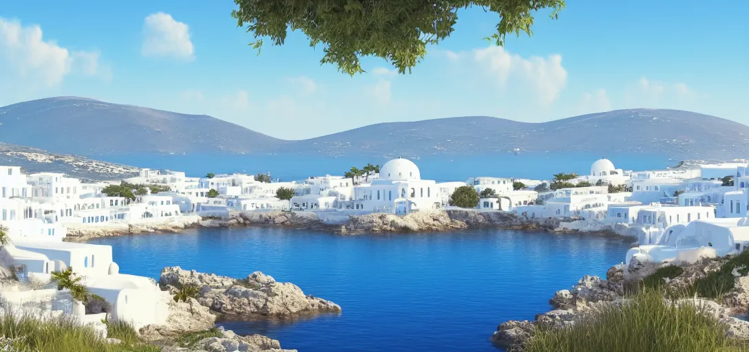 Image similar to beautiful peaceful grecian landscape in summer, blue skies, hills in the far background distance, sea reflecting of the sun, white buildings, mykonos, cinematic lighting, soft glow, wide angle, focus, 3 d artstation render, unreal engine