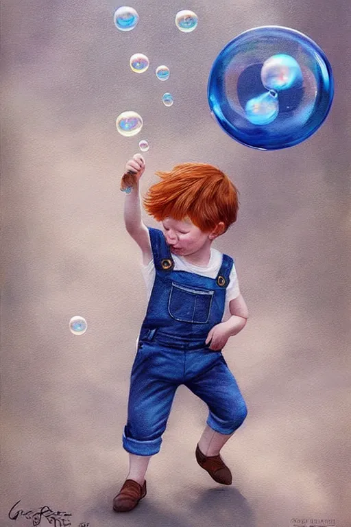 Image similar to a little boy with ginger hair wearing denim overalls chasing bubbles. clean elegant painting, beautiful detailed face, lots of bubbles. by artgerm and greg rutkowski