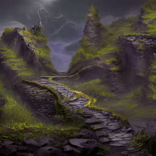 Prompt: a long winding pathway with deep cliffs on both sides, with a mysterious dark castle at the of the path, digital art, 8 k, concept art, trending on artstation