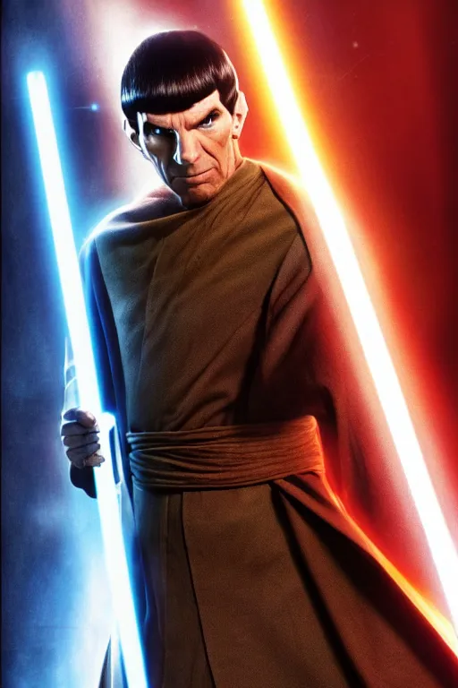 Prompt: photorealistic!! mr spock as a jedi knight, brown jedi robe, using the force, film quality