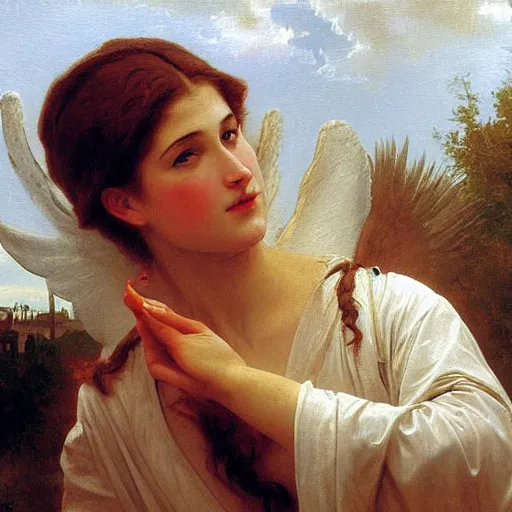 Prompt: an oil painting of an angel driving a car ordering in drive through, by Bouguereau, highly realistic and intricate