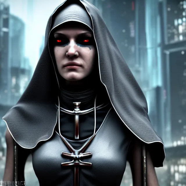 Image similar to cyberpunk nun warrior, highly detailed, 4 k, hdr, smooth, sharp focus, high resolution, award - winning photo, photorealistic