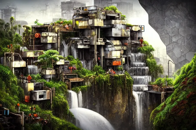 Image similar to brutalist waterfall favela honeybee hive, art nouveau environment, magma, industrial factory, award winning art, epic dreamlike fantasy landscape, ultra realistic,