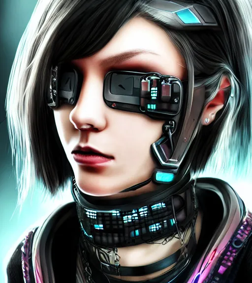 Image similar to detailed realistic female character cyberpunk wearing thick technological collar around neck, realistic, art, beautiful, 4K, collar, choker, collar around neck, punk, artstation, detailed, female, woman, choker, cyberpunk, neon, punk, collar, choker, collar around neck, thick collar, tight around neck, punk,